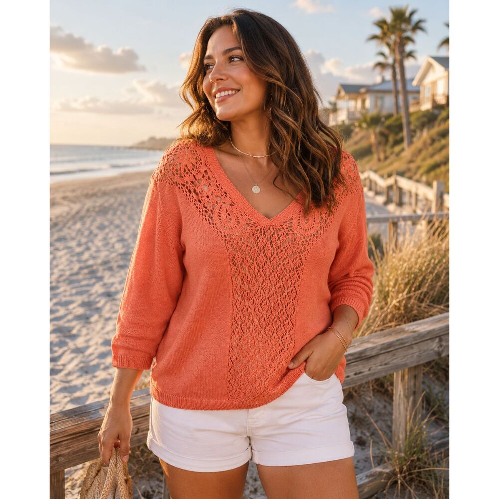 Anthropologie Moth Coral Crochet Knit Sweater Coastal Boho Pullover Size M
